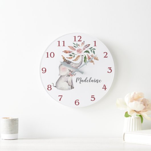 小さな女の子ズボホピンクグレーベビーゾウ ラージ壁時計 (ホーム)