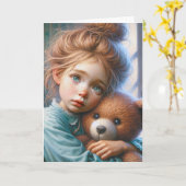 小さな女の子テディベアを抱き締める カード (黄色い花)