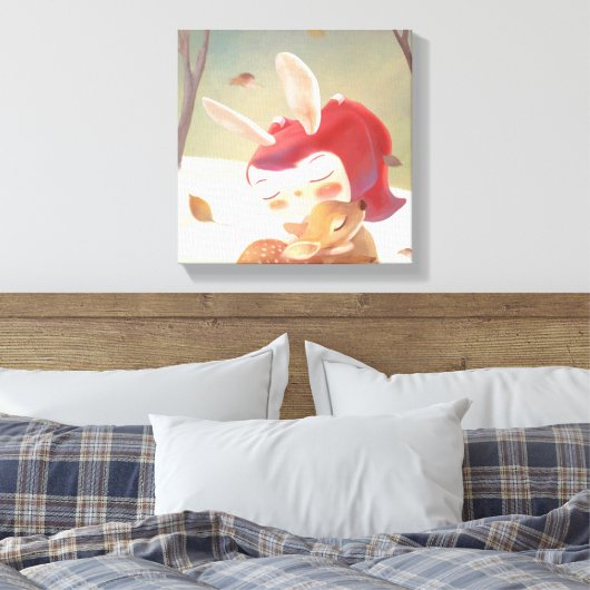 小さな女の子ハギングシカ キャンバスプリント (インサイチュ (寝室))