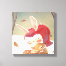 小さな女の子ハギングシカ キャンバスプリント