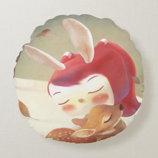 小さな女の子ハギングシカ ラウンドクッション (正面)