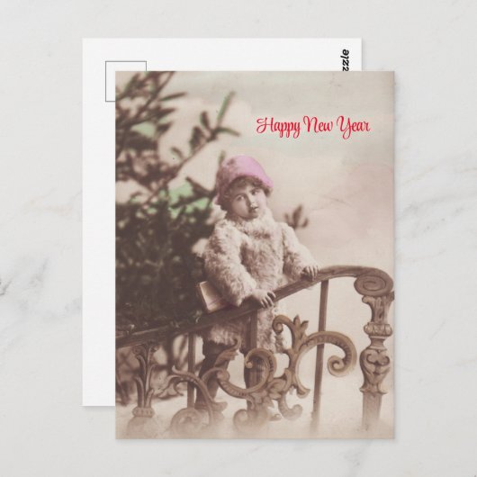 小さな女の子ハッピーニューイヤーグリーティングヴィンテージ ポストカード (正面/裏面)