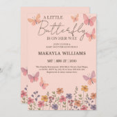 小さな女の子バタフライピンクのフローラベビーシャワー 招待状 (正面/裏面)