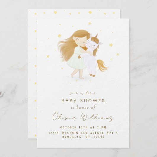 小さな女の子パーソナライズされたのユニコーン赤ちゃんシャワー 招待状 (正面/裏面)