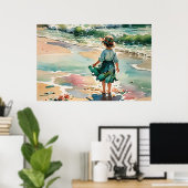 小さな女の子ビーチ水彩海波 ポスター (ホームオフィス)