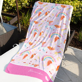 小さな女の子ピンクユニコーンパターン（名） ビーチタオル