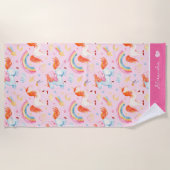 小さな女の子ピンクユニコーンパターン(名) ビーチタオル (正面)