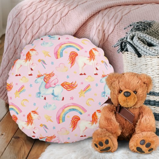 小さな女の子ピンクユニコーンパターン(名) ラウンドクッション