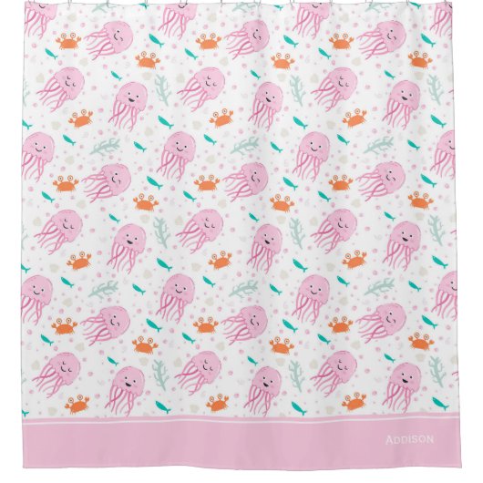 小さな女の子ピンク海クラゲとカニ模様 シャワーカーテン (正面)
