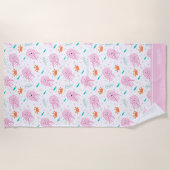 小さな女の子ピンク海クラゲとカニ模様 ビーチタオル (正面)