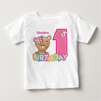 小さな女の子ファースト誕生日テディベア ベビーTシャツ