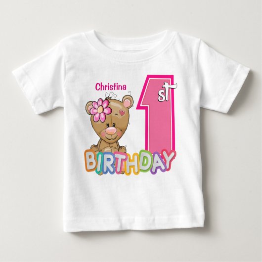 小さな女の子ファースト誕生日テディベア ベビーTシャツ (正面)
