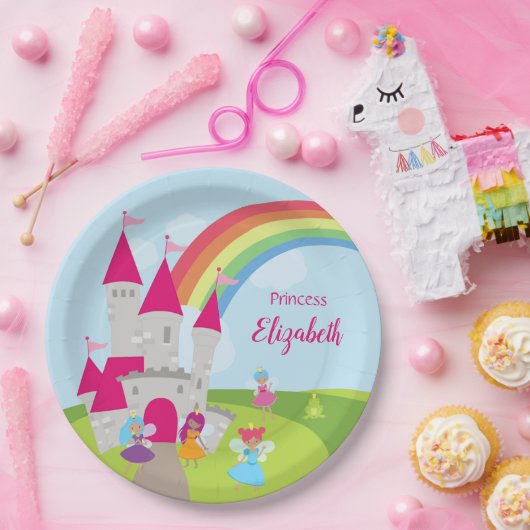 小さな女の子フェアリープリンセスウィズレインボーアンドキャッスル ペーパープレート (パーティー)