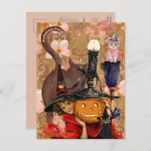 小さな女の子ブラックキャットカボチャヴィンテージ ポストカード (正面/裏面)