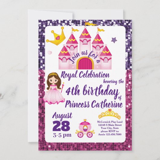 小さな女の子プリンセスキャッスル王室のバースデーパーティー 招待状 (裏面)