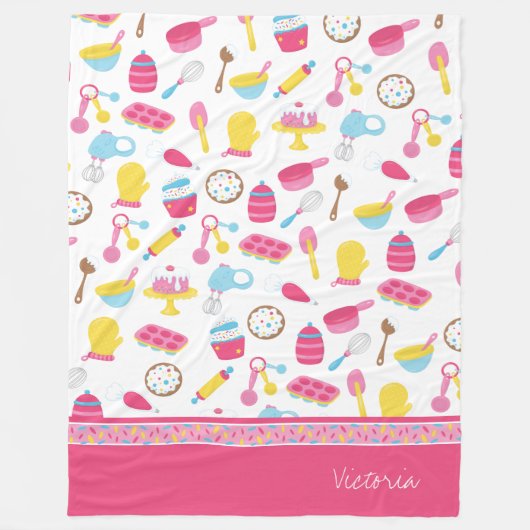 小さな女の子ベイカーピンク料理パターンシェフキッド フリースブランケット (正面)