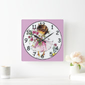 小さな女の子ホールディングフラワーズファインアート スクエア壁時計 (ホーム)