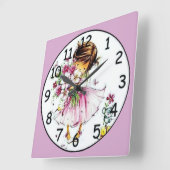 小さな女の子ホールディングフラワーズファインアート スクエア壁時計 (傾斜)