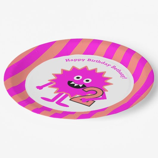 小さな女の子モンスターセカンドバースデーピンクストライプ色かわいい ペーパープレート (アングル)