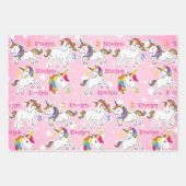 小さな女の子ユニコーン誕生日名&年齢3 ラッピングペーパーシート (正面)