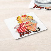 小さな女の子レトロヴィンテージ人形の子供 スクエアペーパーコースター (アングル)