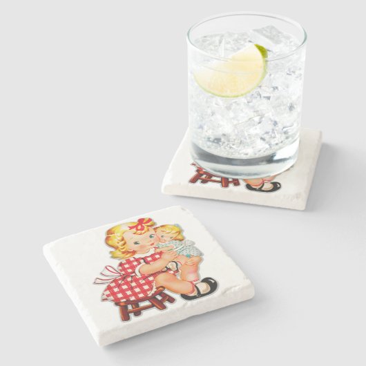 小さな女の子レトロヴィンテージ人形の子供 ストーンコースター (横)