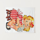 小さな女の子レトロヴィンテージ人形の子供 タペストリー (正面(横))