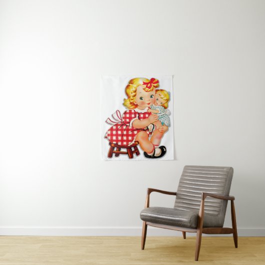 小さな女の子レトロヴィンテージ人形の子供 タペストリー (インサイチュ)