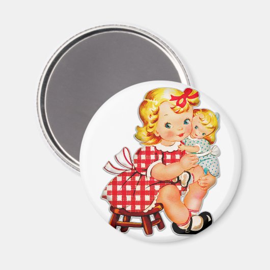 小さな女の子レトロヴィンテージ人形の子供 マグネット (正面/裏面)