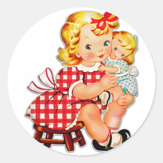 小さな女の子レトロヴィンテージ人形の子供 ラウンドシール (正面)