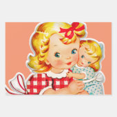 小さな女の子レトロヴィンテージ人形の子供 ラッピングペーパーシート (正面)