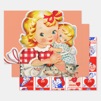 小さな女の子レトロヴィンテージ人形の子供 ラッピングペーパーシート