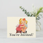 小さな女の子レトロヴィンテージ人形の子供 招待状 (スタンド正面)