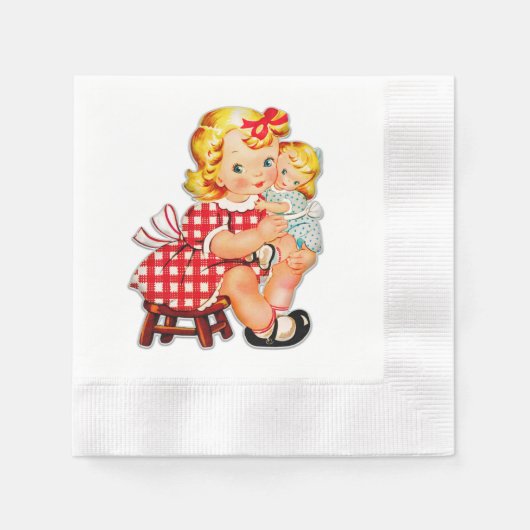 小さな女の子レトロヴィンテージ人形の子供 縁ありカクテルナプキン (正面)