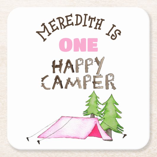 小さな女の子ワンハッピーキャンパーファーバースデーパーティー スクエアペーパーコースター (正面)