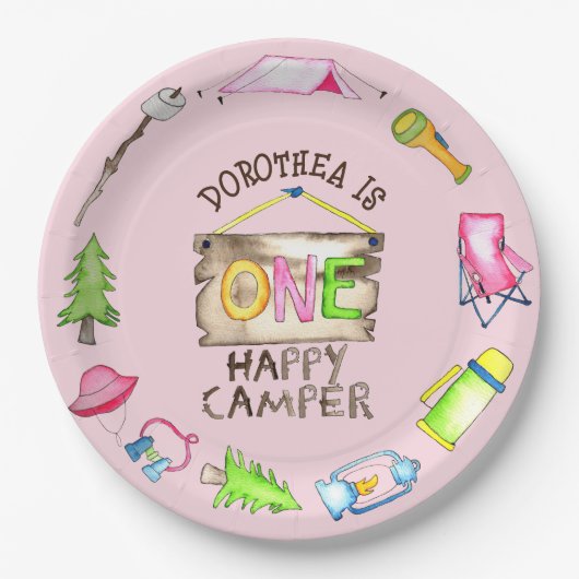 小さな女の子ワンハッピーキャンパーファーバースデーパーティー ペーパープレート (正面)
