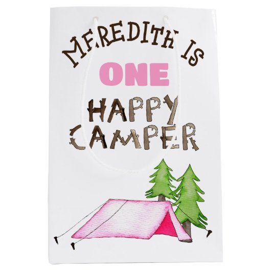 小さな女の子ワンハッピーキャンパーファーバースデーパーティー ミディアムペーパーバッグ (正面)