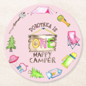 小さな女の子ワンハッピーキャンパーファーバースデーパーティー ラウンドペーパーコースター (正面)