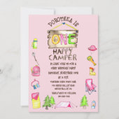 小さな女の子ワンハッピーキャンパーファーバースデーパーティー 招待状 (正面)