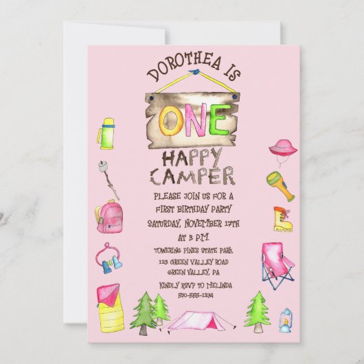 小さな女の子ワンハッピーキャンパーファーバースデーパーティー 招待状 (正面)