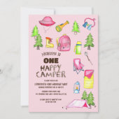 小さな女の子ワンハッピーキャンパーファーバースデーパーティー 招待状 (正面)