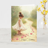 小さな女の子付きピンクハート誕生日 カード (黄色い花)