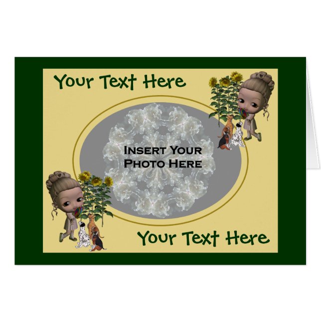 小さな女の子付き子犬写真カード (正面横)