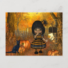 小さな女の子付き怖いハロウィーンハガキ ポストカード