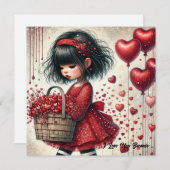小さな女の子保持かご赤グリッターハート シーズンカード (正面/裏面)