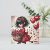 小さな女の子保持かご赤グリッターハート シーズンカード (スタンド正面)