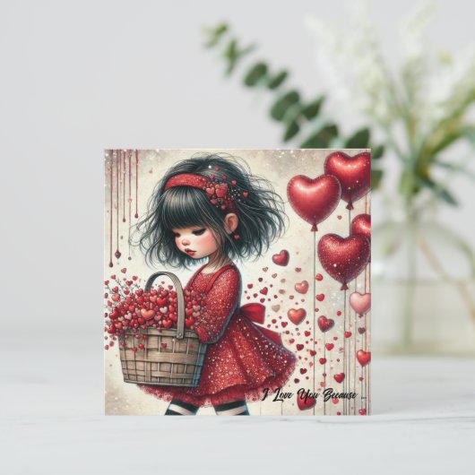小さな女の子保持かご赤グリッターハート シーズンカード (スタンド正面)