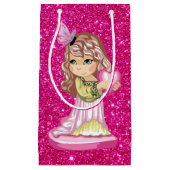 小さな女の子保持ハート暗い赤紫色フェイクグリッター スモールペーパーバッグ (正面)