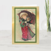 小さな女の子傘と子犬のヴィンテージクリスマス カード (正面)