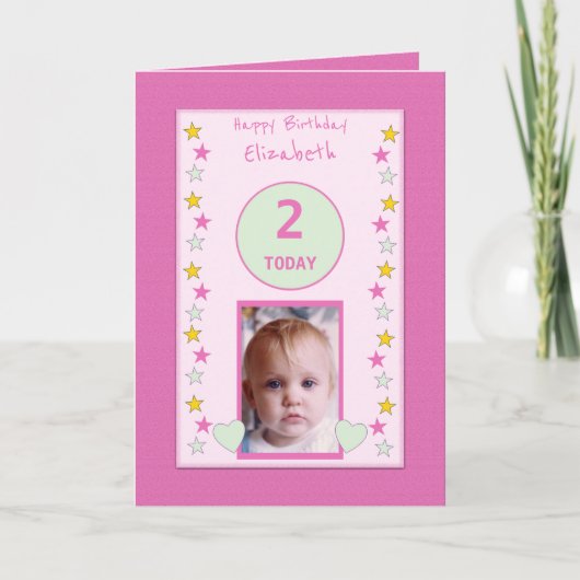 小さな女の子子供へピンク誕生日の写真の挨拶 カード (正面)